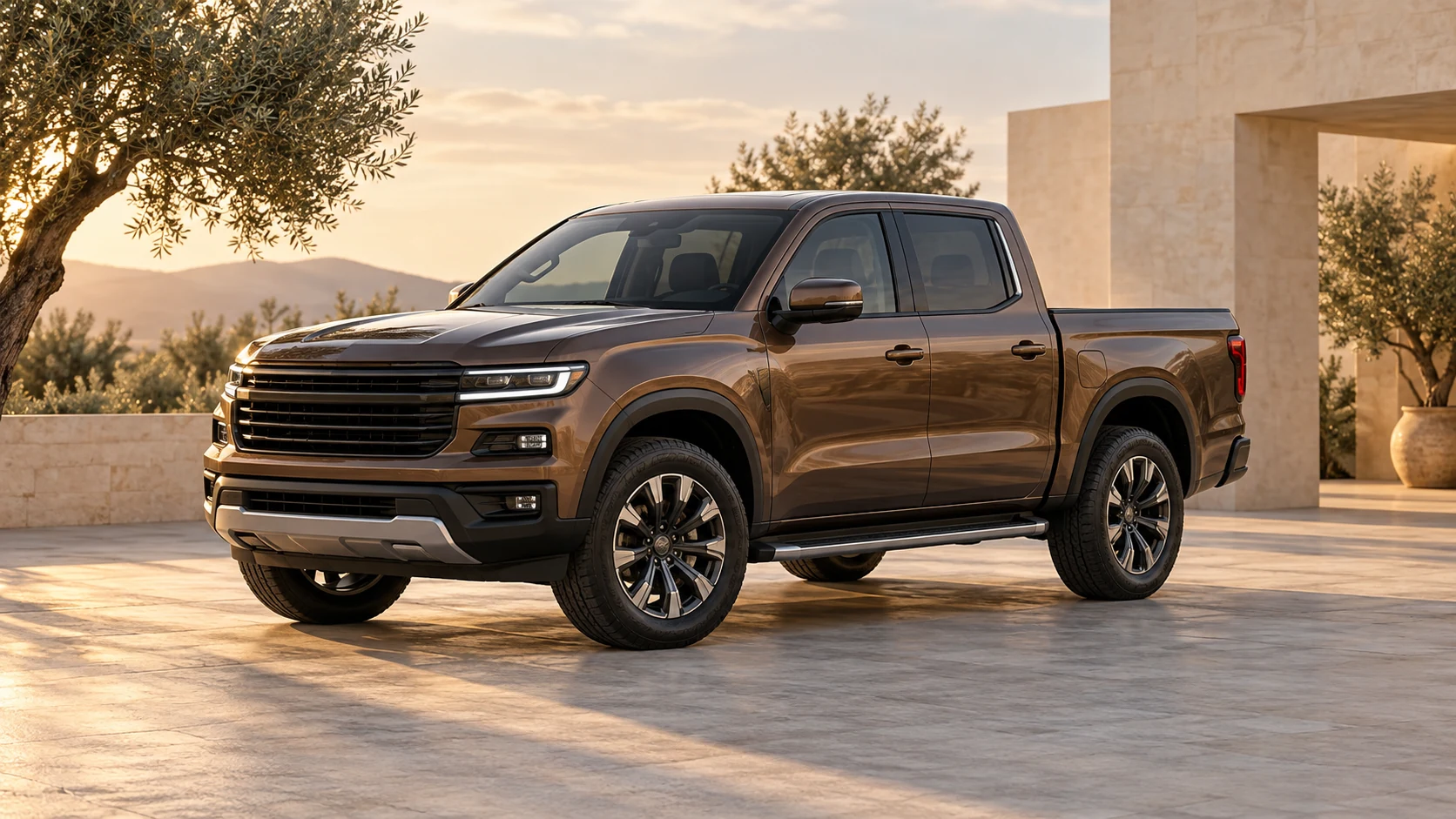 Illustrative bronze double-cab pickup in a limestone courtyard