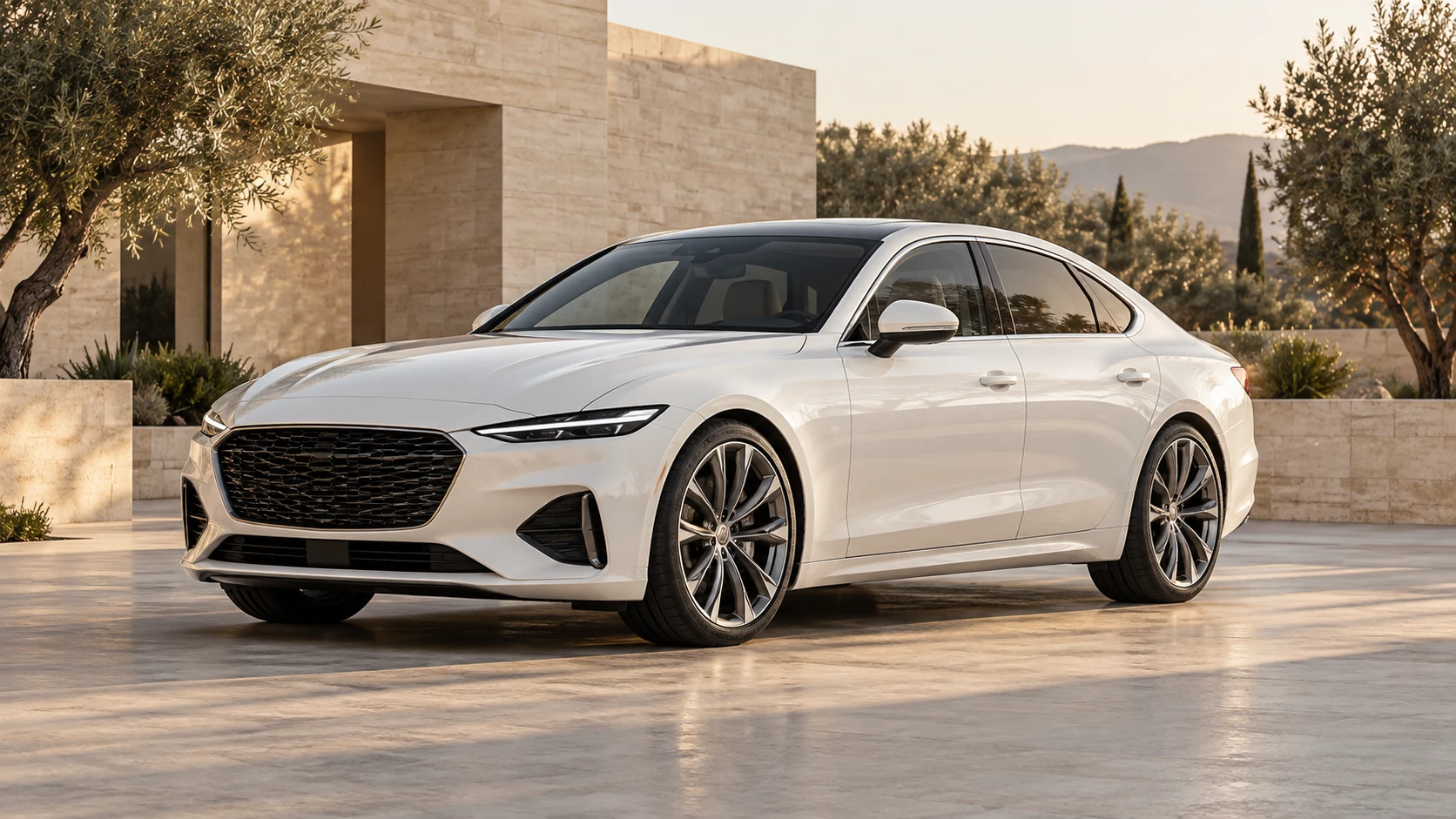 Illustrative pearl-white executive sedan in a limestone courtyard