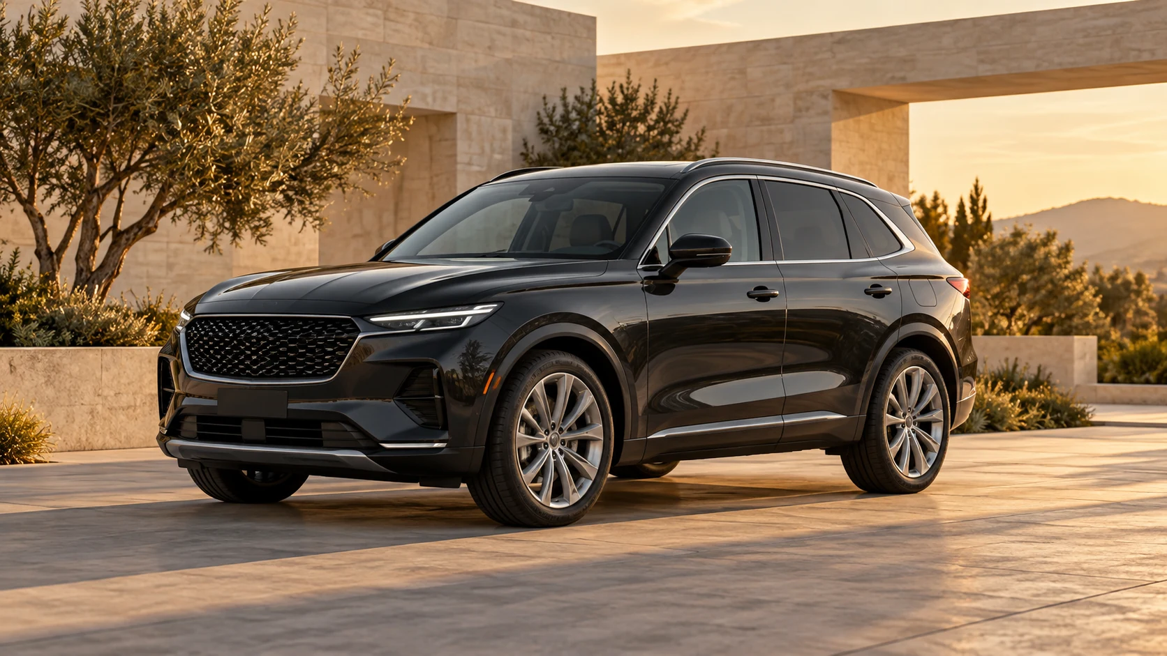 Illustrative graphite luxury suv in a limestone courtyard